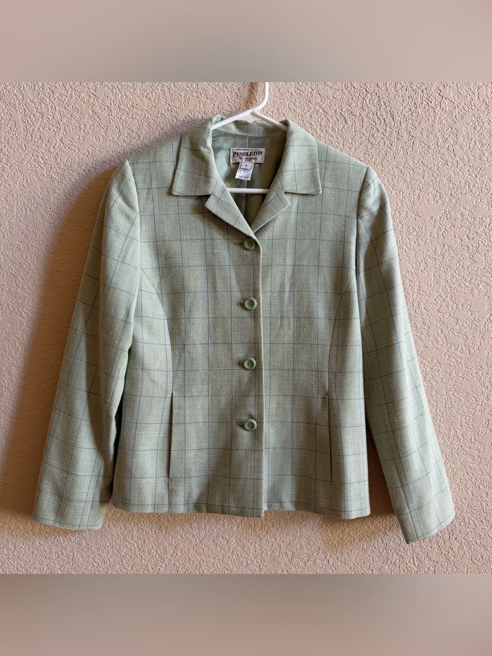 Pendleton Blazer Green Window Pane Plaid Sz 4 Button Up Wool Rayon Silk Career